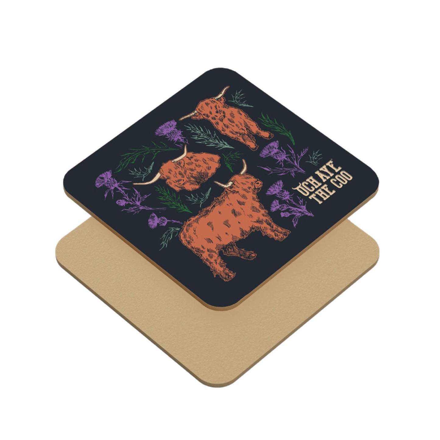 Navy coaster with coos and thistles design