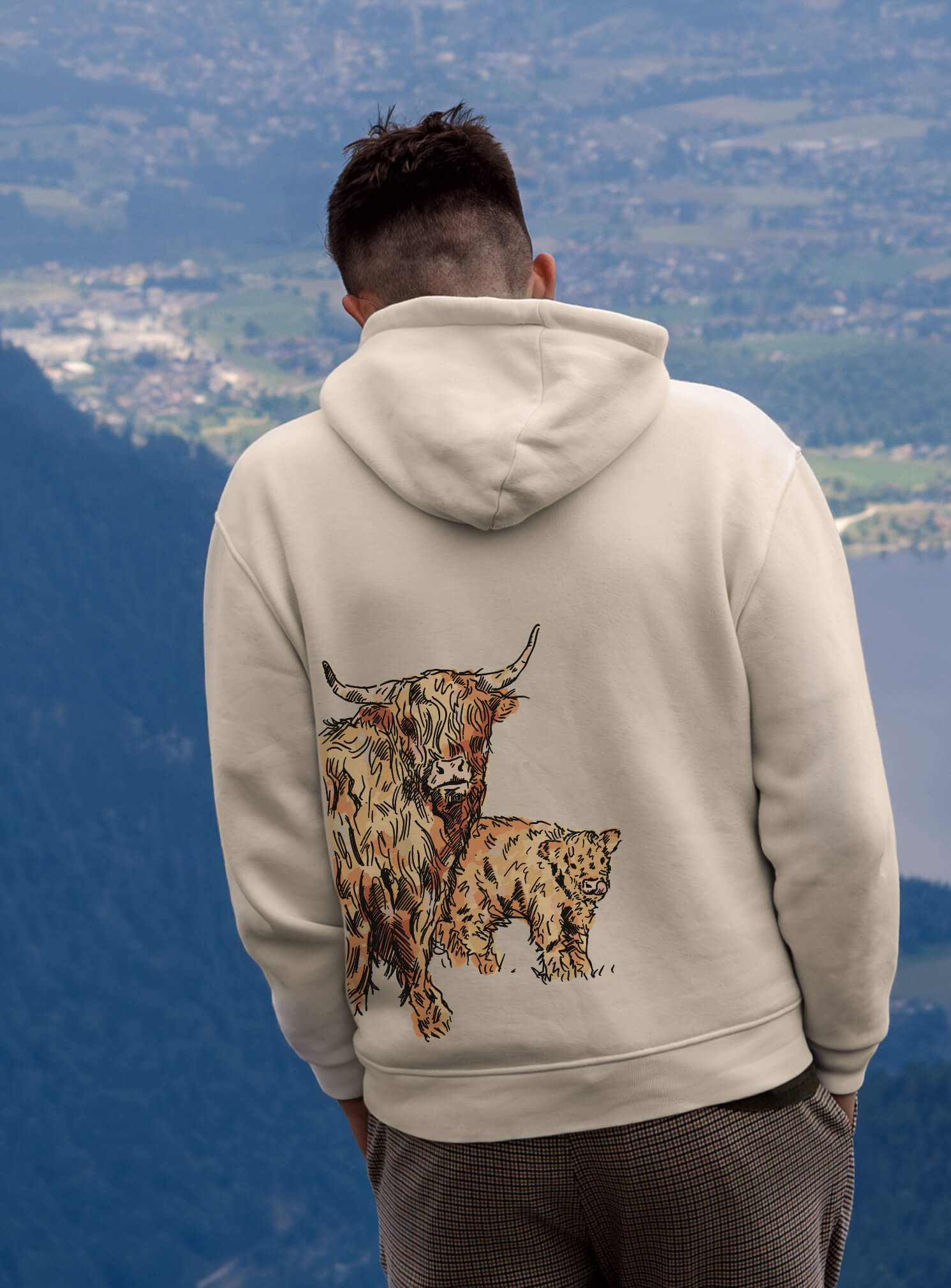 Man wearing hoodie with Mum and Calf design