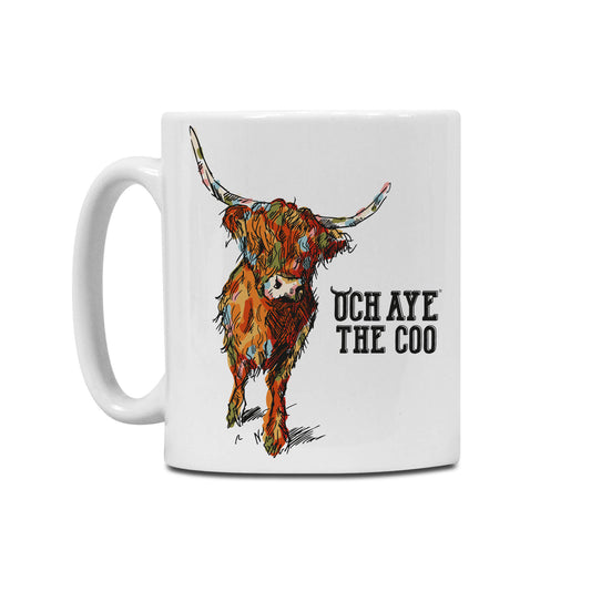 White mug with a colourful highland cow illustration and Och Aye The Coo text