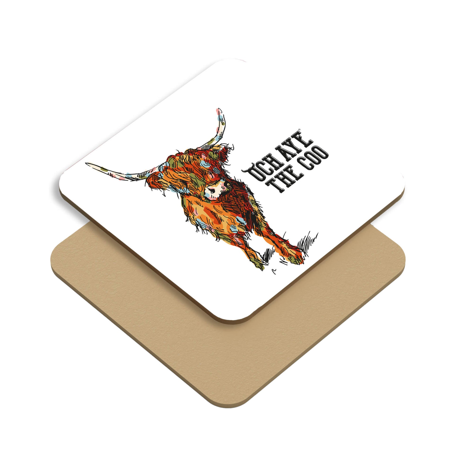 Drinks coaster with a colourful highland cow illustration and Och Aye The Coo text