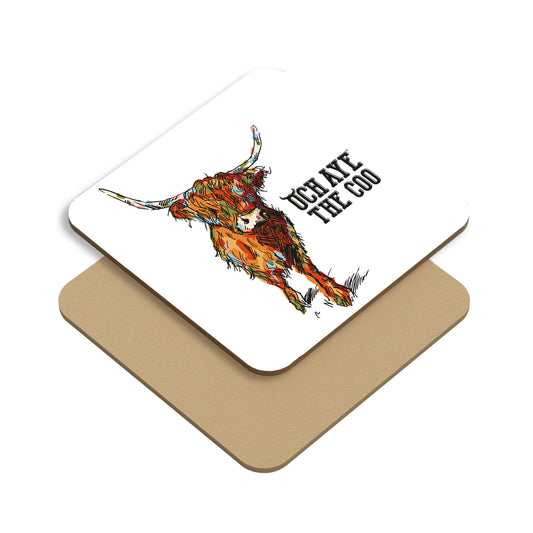 Drinks coaster with a colourful highland cow illustration and Och Aye The Coo text