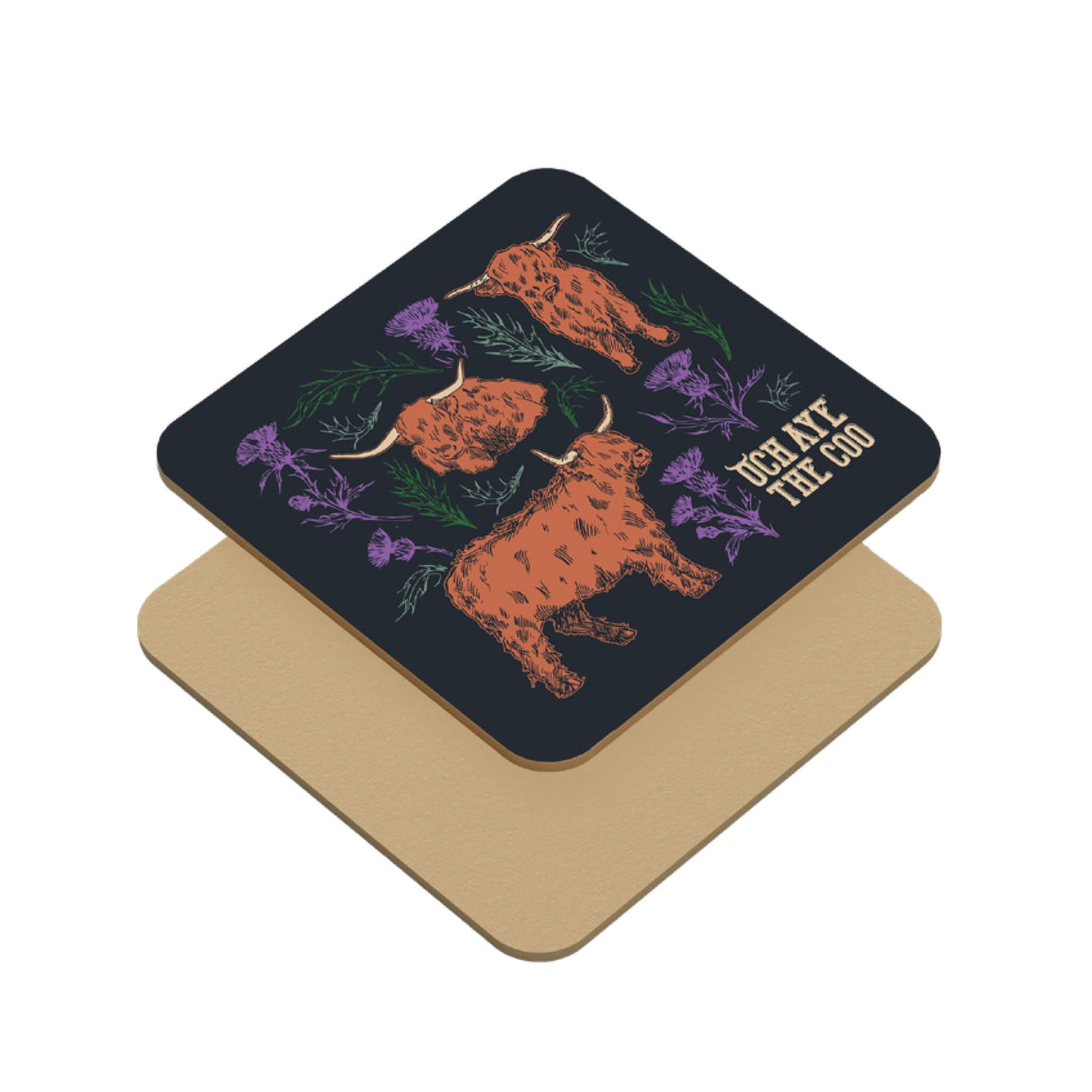 Navy coaster with coos and thistles design