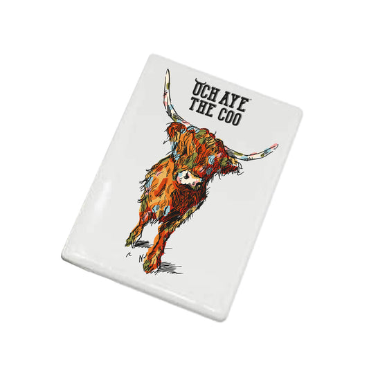 Ceramic Fridge Magnet with a colourful highland cow illustration and Och Aye The Coo text