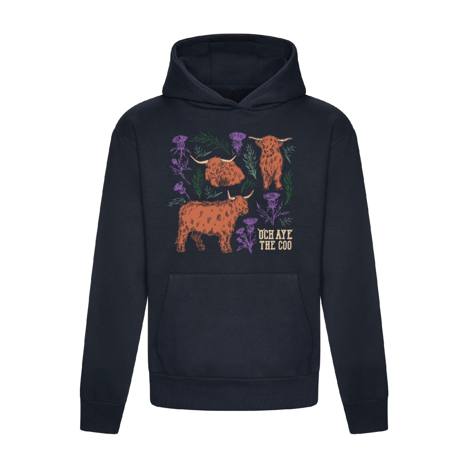 Navy blue hoodie with coos and thistles design