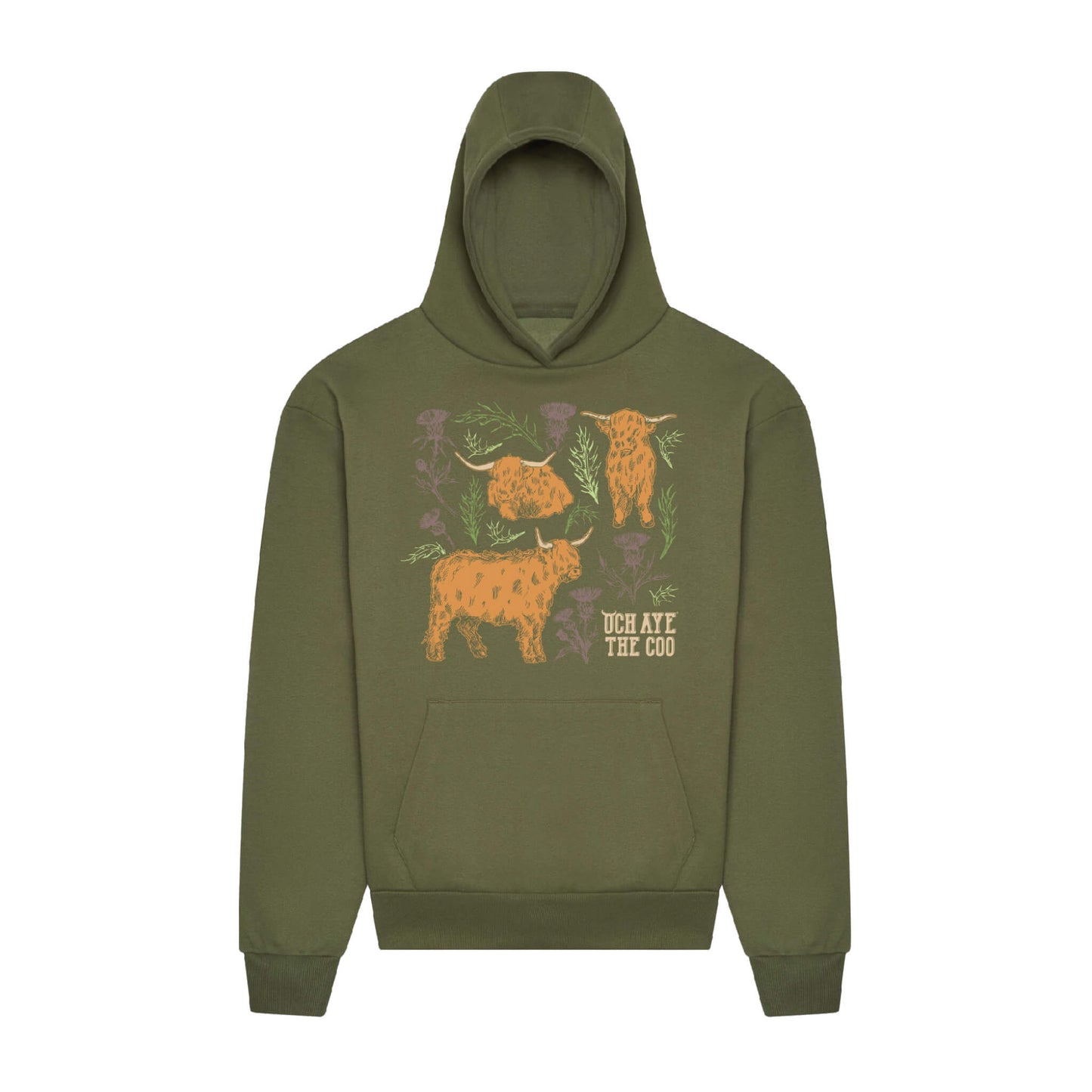 Olive green hoodie with coos and thistles design
