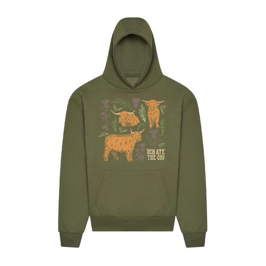 Olive green hoodie with coos and thistles design