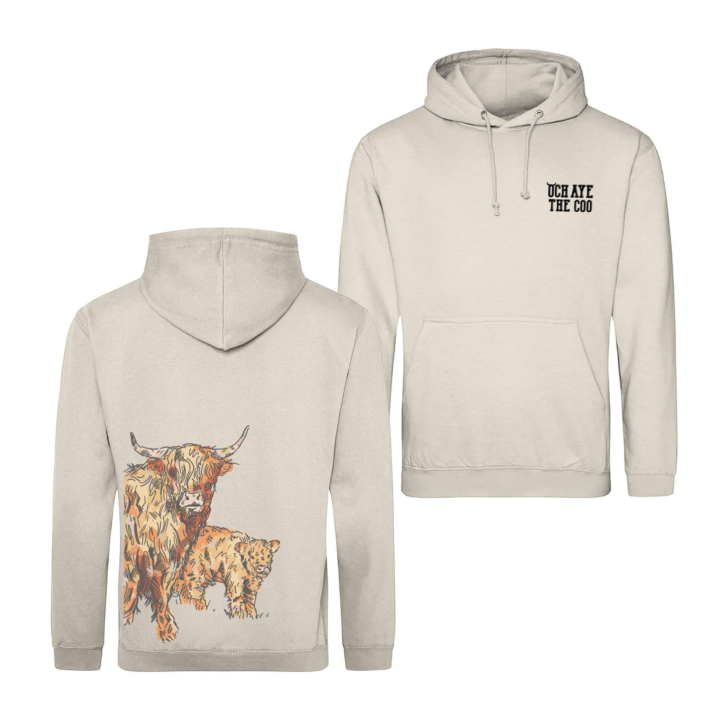 Front and back views of Vanilla Milkshake hoodie with highland cow and calf design on the back, and Och Aye The Coo on the left chest