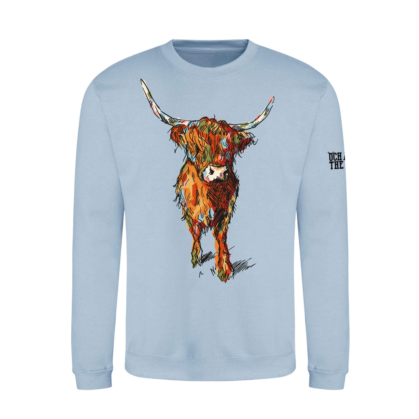 Light blue sweatshirt with a colourful highland cow design