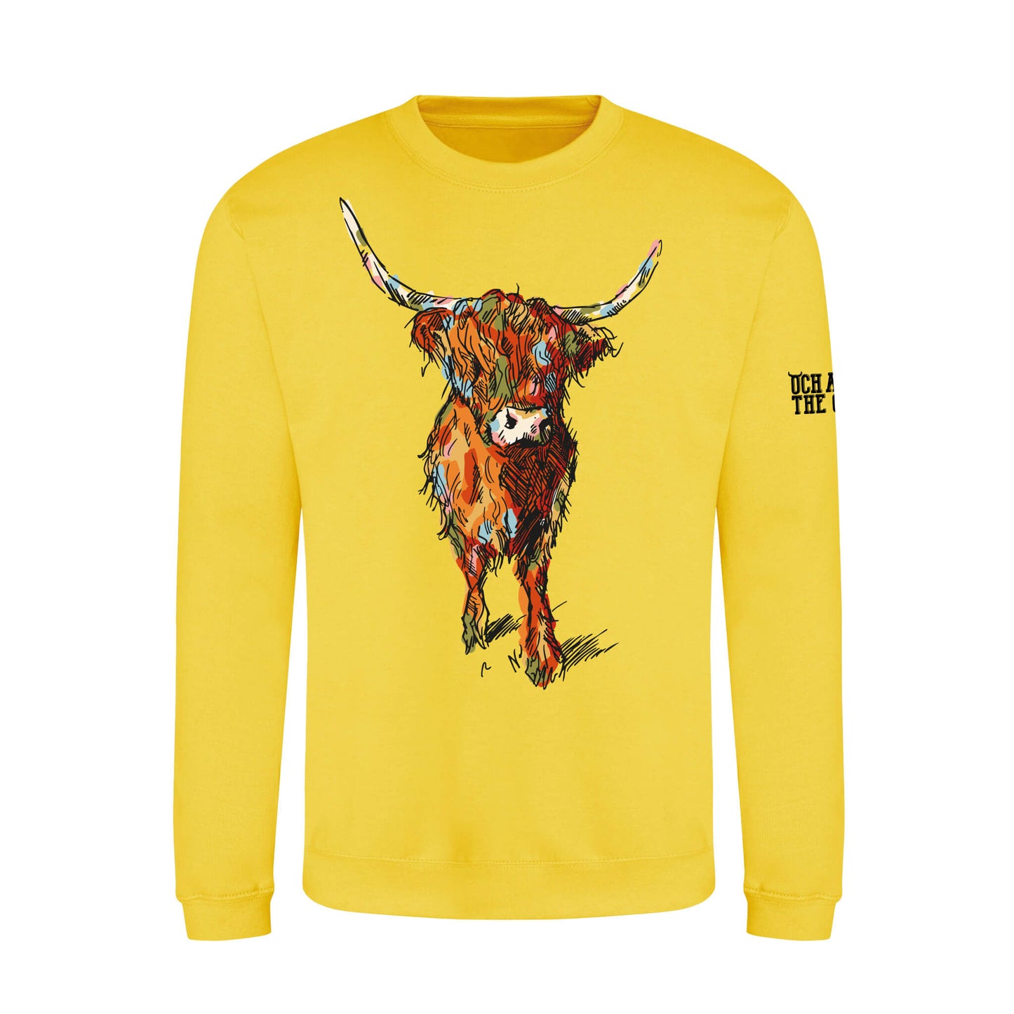 Sunshine Yellow sweatshirt with a colourful highland cow design