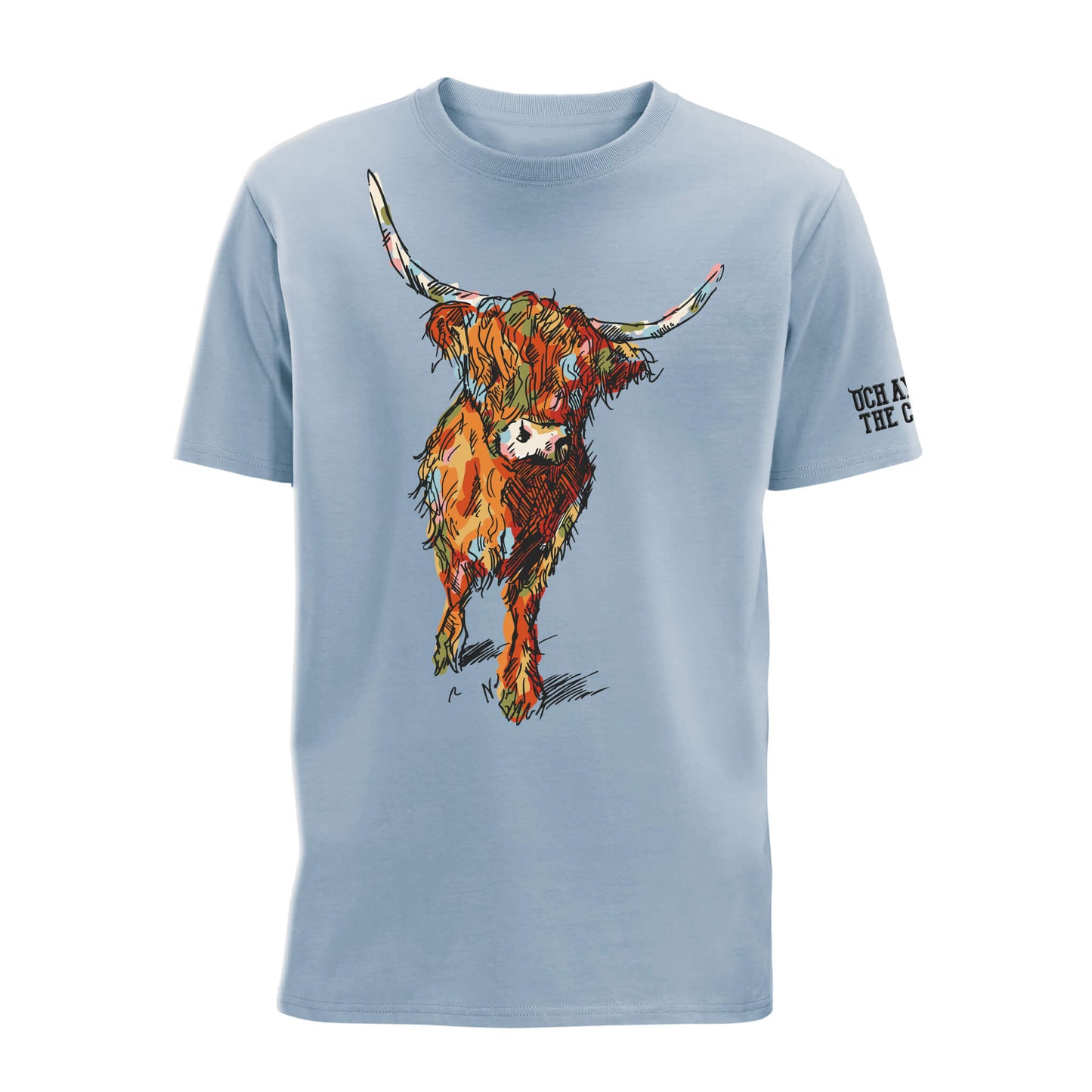 Light blue t-shirt with a colourful highland cow design