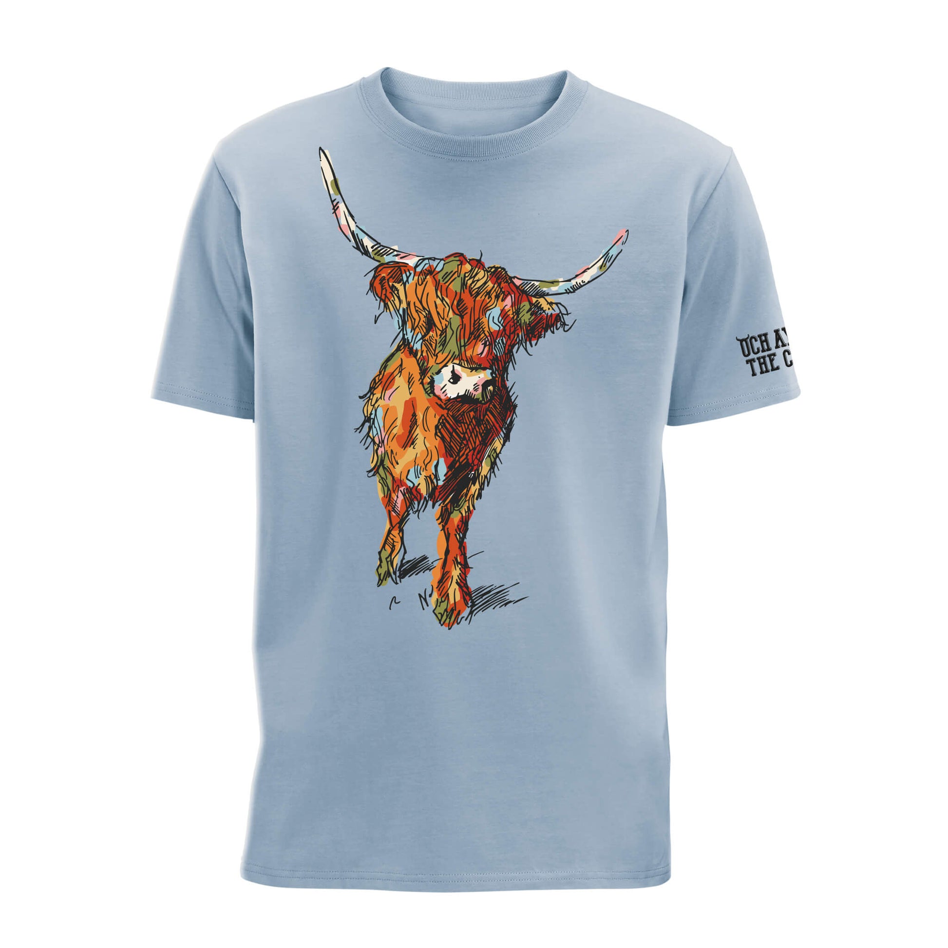 Light blue t-shirt with a colourful highland cow design
