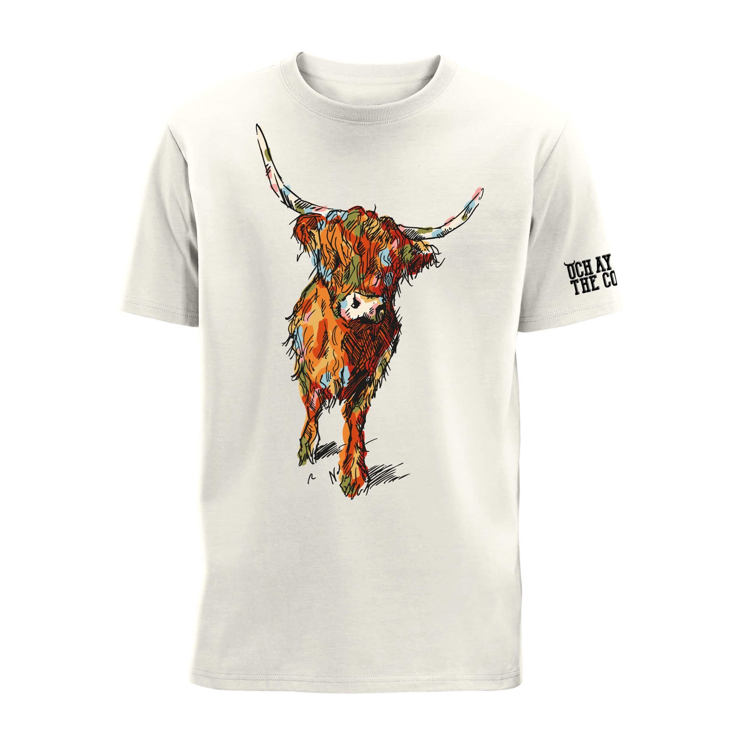 Natural t-shirt with a colourful highland cow design