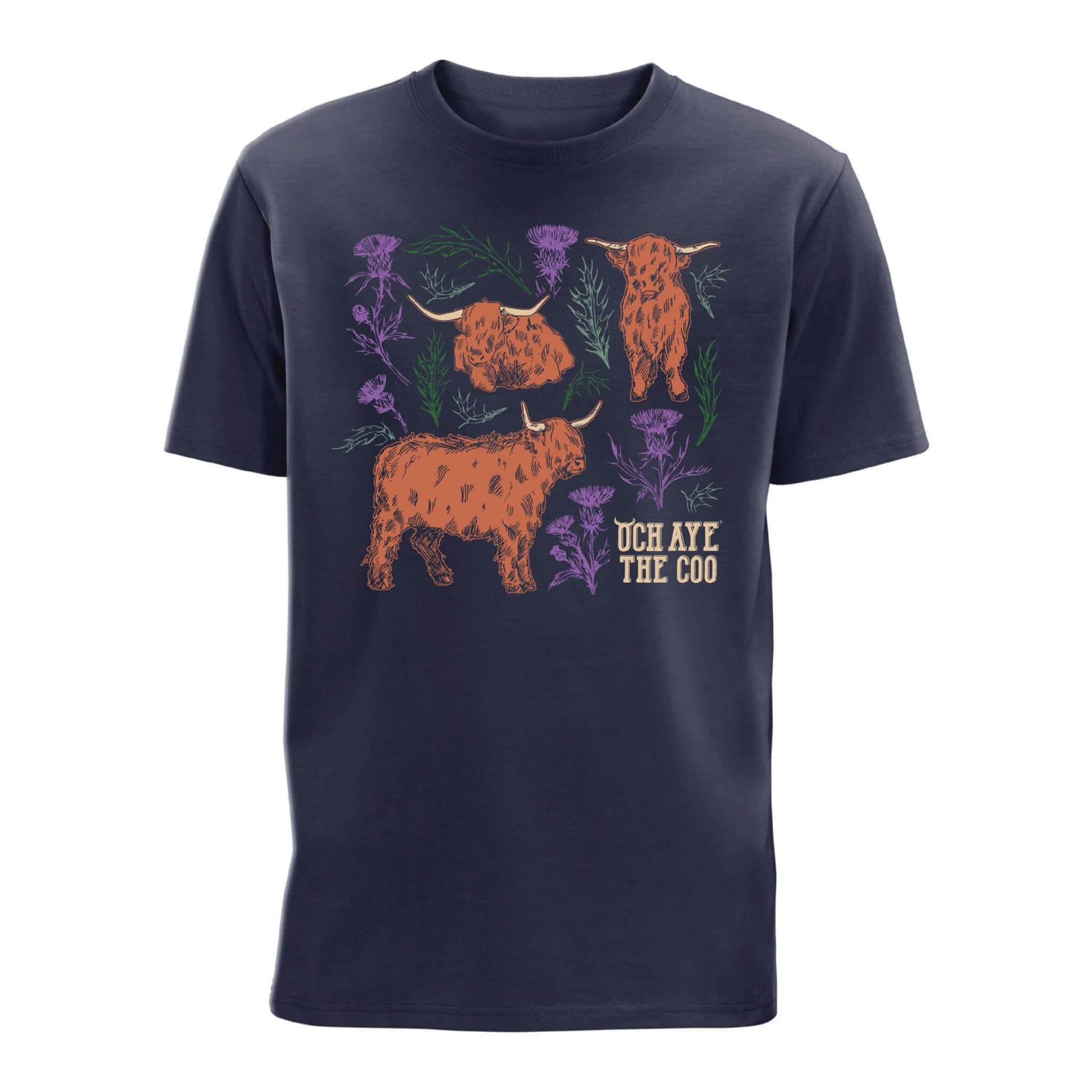 Navy blue t-shirt with highland cow and thistles design 