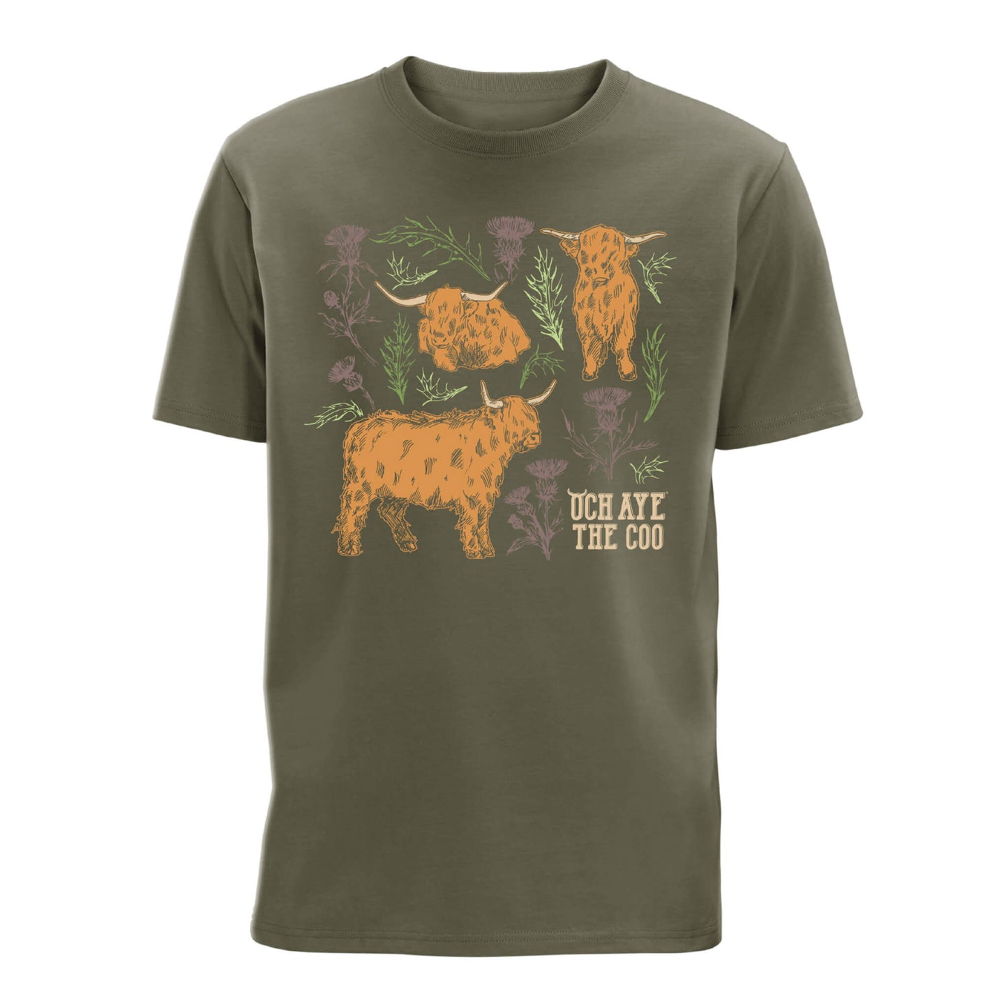 Olive green t-shirt with highland cow and thistles design 