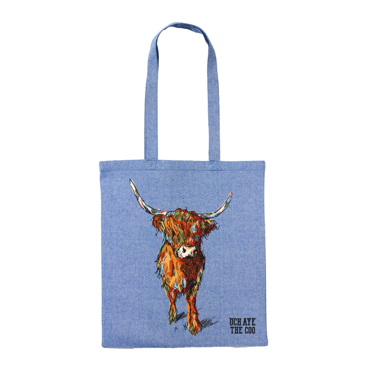 Blue tote bag with a colourful cow illustration and Och Aye The Coo text