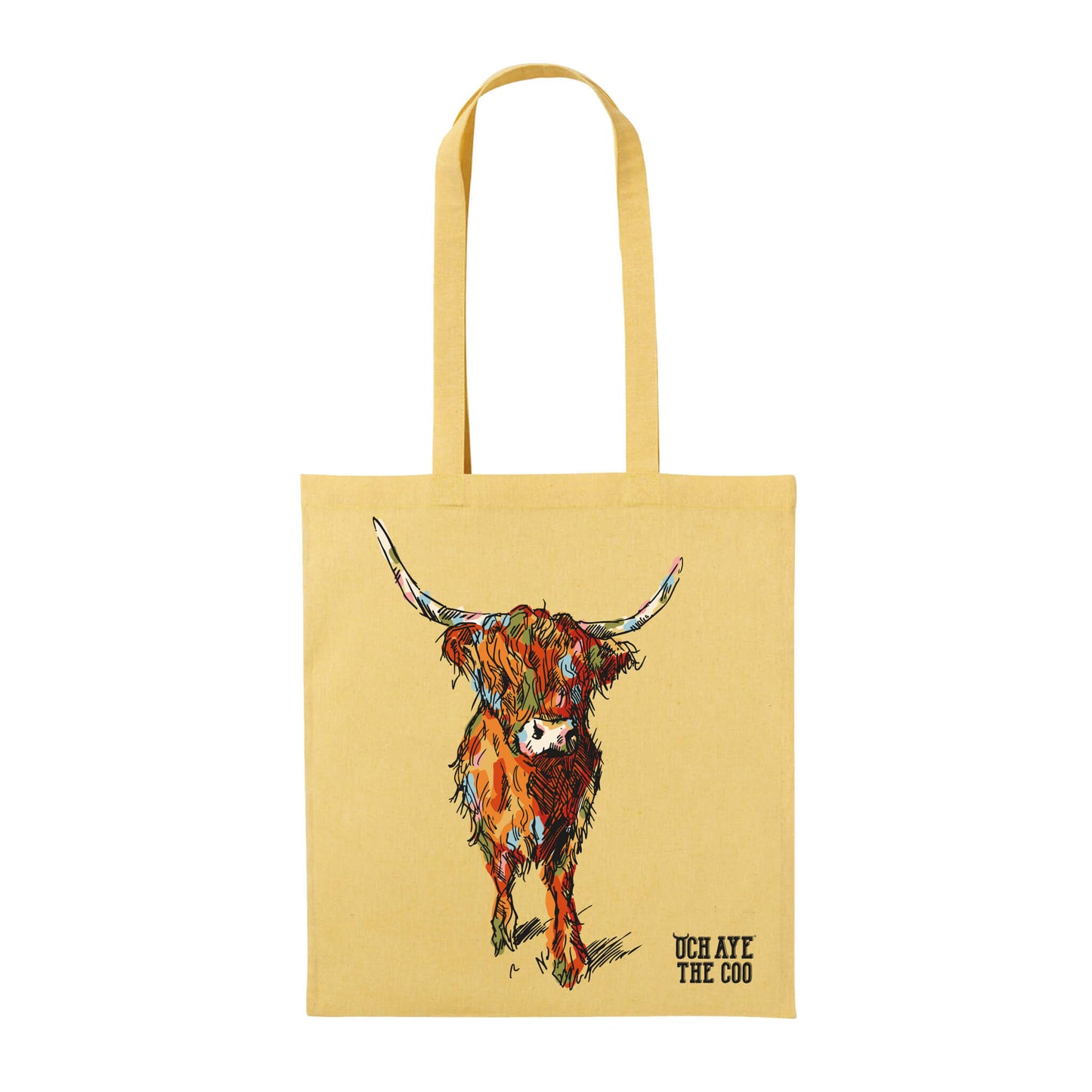 Yellow tote bag with a colourful cow illustration and Och Aye The Coo text