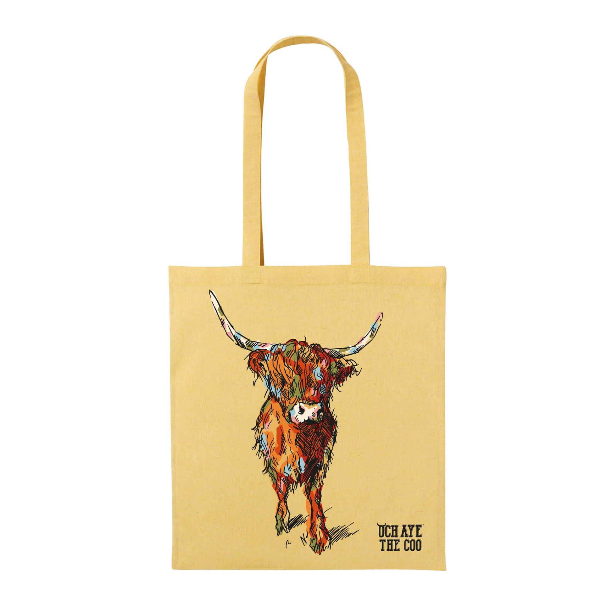 Yellow tote bag with a colourful cow illustration and Och Aye The Coo text