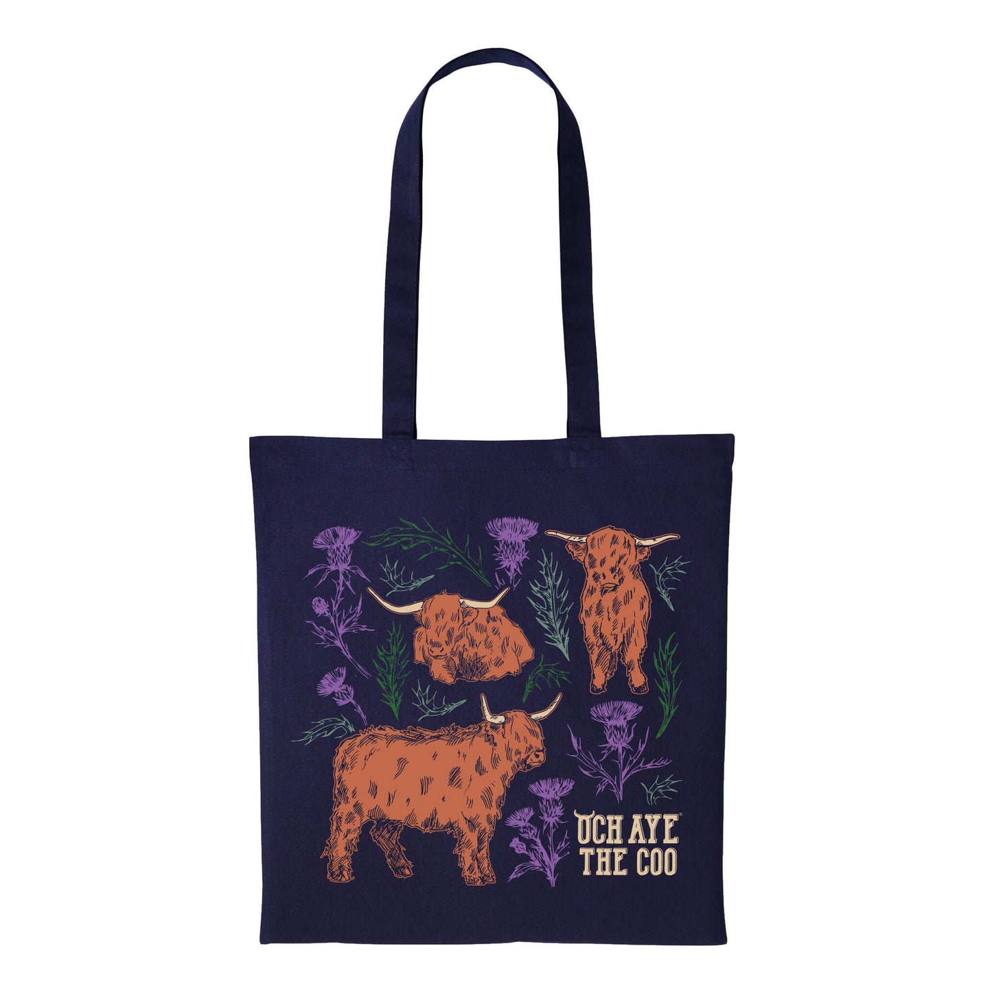 Navy tote bag with coos and thistles design