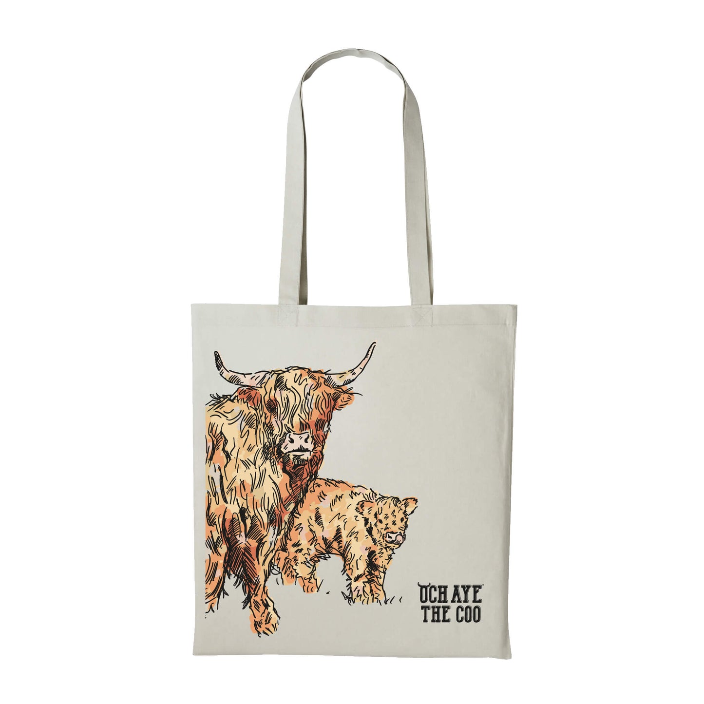 Natural tote bag with a highland cow and calf design and Och Aye The Noo text 